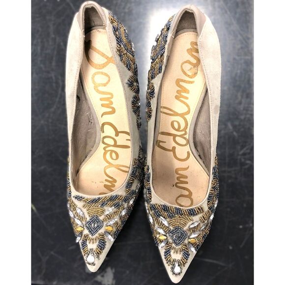 41800  Sam Edelman "Dani" Beaded Pointed Toe Suede Pump Heels 6.5M - Picture 1 of 5